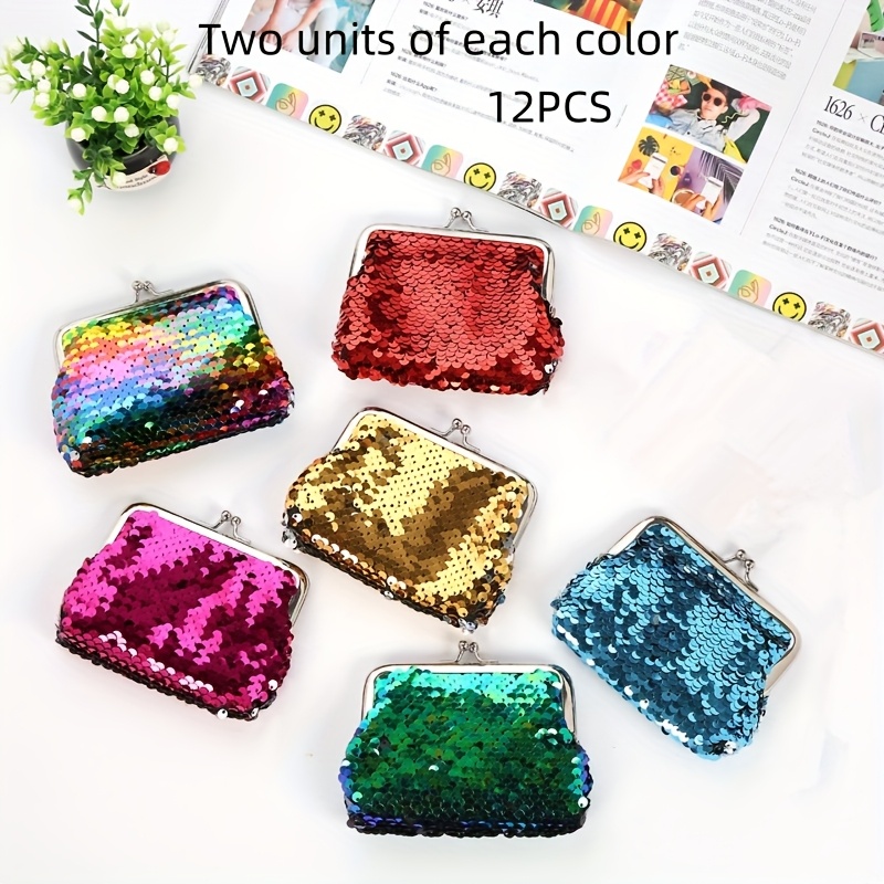 TEMU 12pcs Sequin Coin Purse Set, 3-inch Sequin Bag, 2 Color (red, Yellow, Multicolored, Hot Pink, Blue, Green), Portable Clip-on Coin Purse, Mini