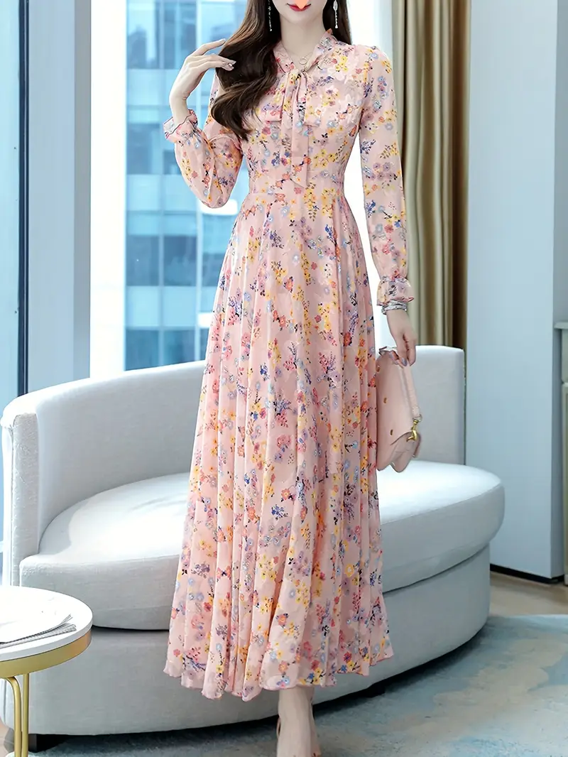 bowknot v neck floral chiffon dress fashionable and casual long sleeved waist wide hem bohemian style printed long skirt Product details 0