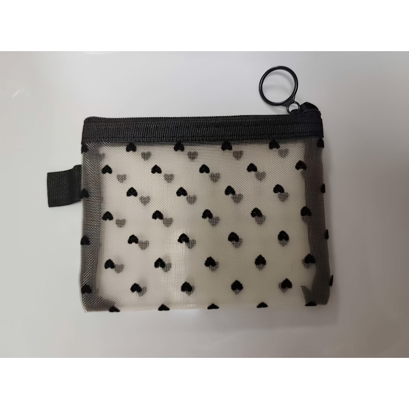 1pc Fashion Mesh Heart Shaped Cosmetic Bag, Portable Zipper Toiletries Storage Box, Perfect Lipstick Bag Coin Bag Carry-on Storage Bag