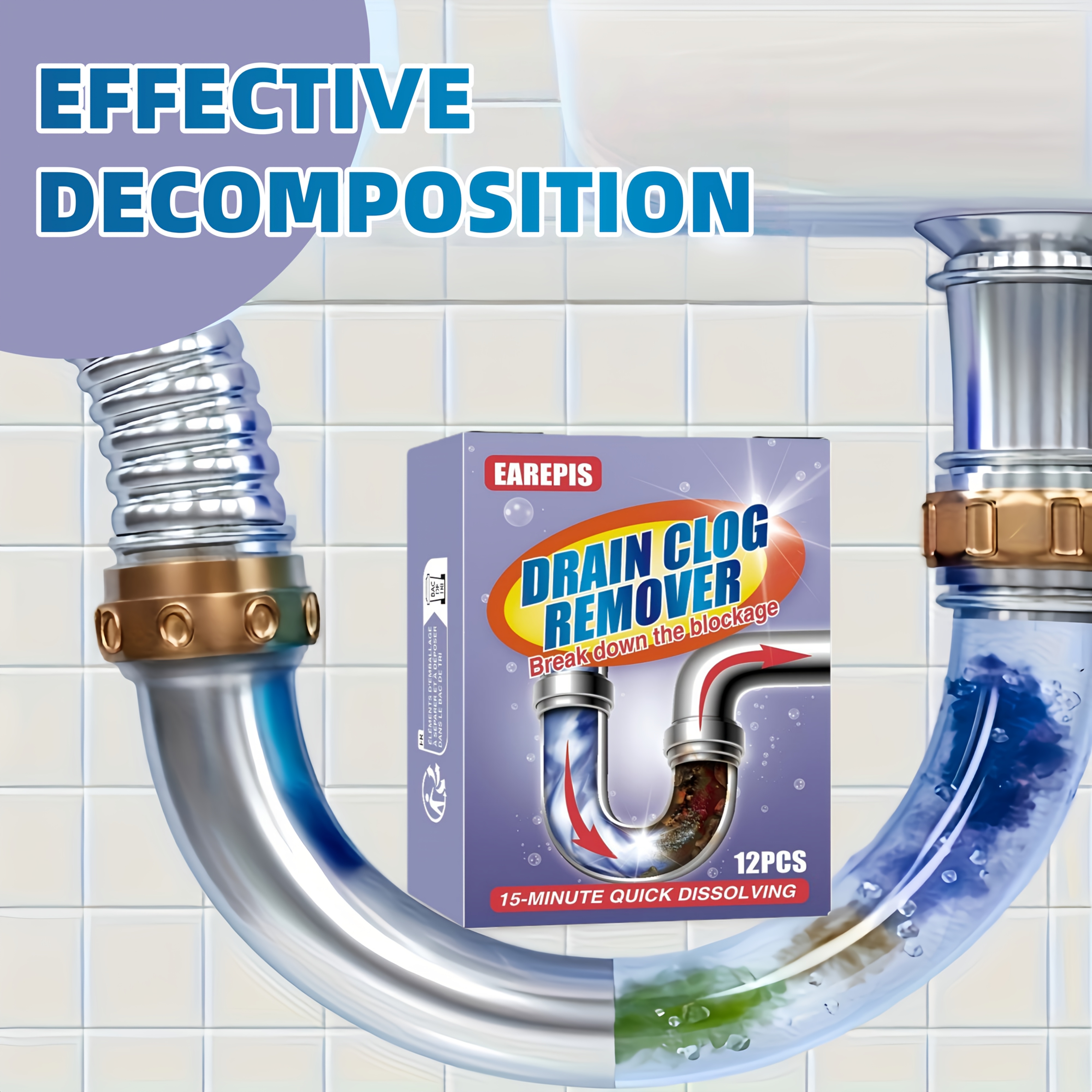 12 tabletas/caja de limpiador de desagües | Efectivo para la eliminación de pelo, residuos de comida, eliminación de olores, adecuado para lavabos de baño, desagües de cocina, duchas, inodoros