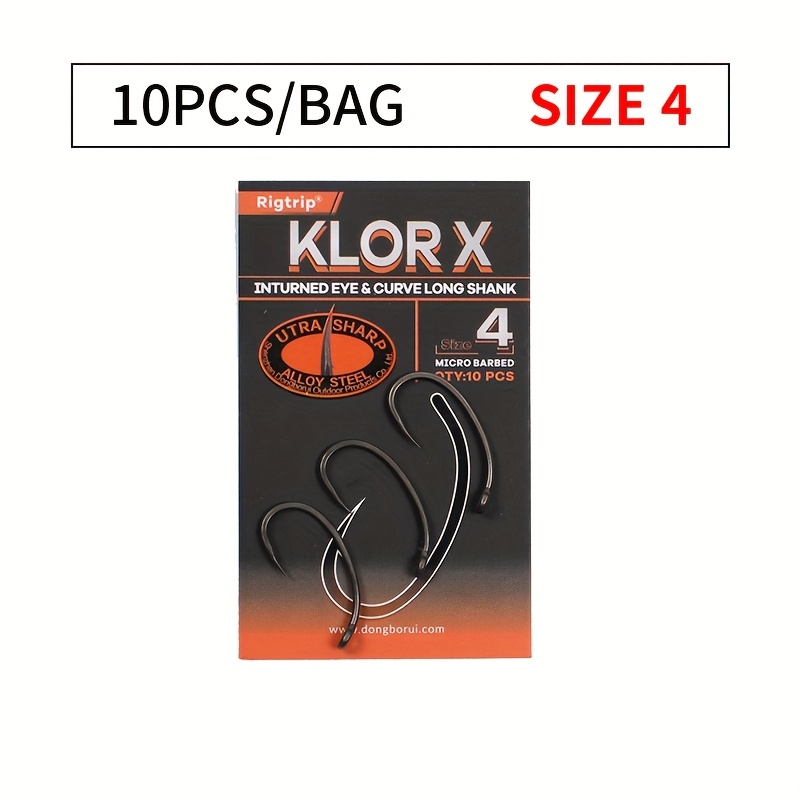 Image of Set Of 10 Curved Long Shank Carp Fishing Hooks With Beak Points, Featuring Ptfe Coating And Micro Barbs, In Sizes 2, 4, 6, And 8 For Loop Hair Rigs
