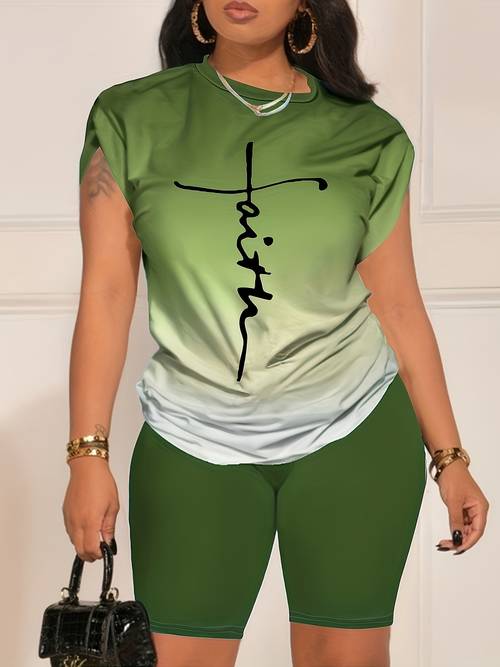 2pcs womens gradient hand painted cross short sleeved suit comfortable sports t shirt shorts