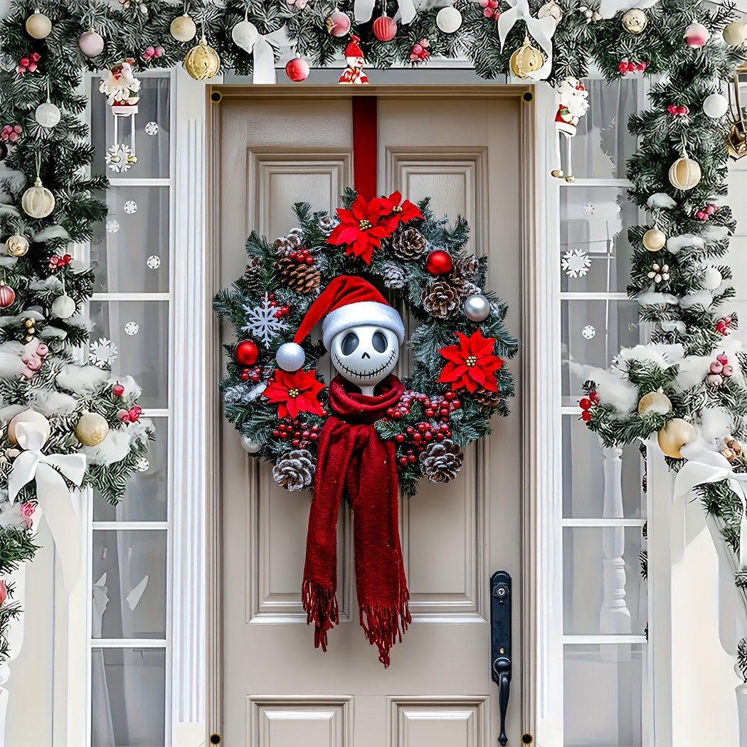 TEMU Jack Skellington Julekrans, Moderne Polyester Strikkemateriale, Festlig Innendørs/Utendørs Julepynt, Ideell for…: retailer-supplied image