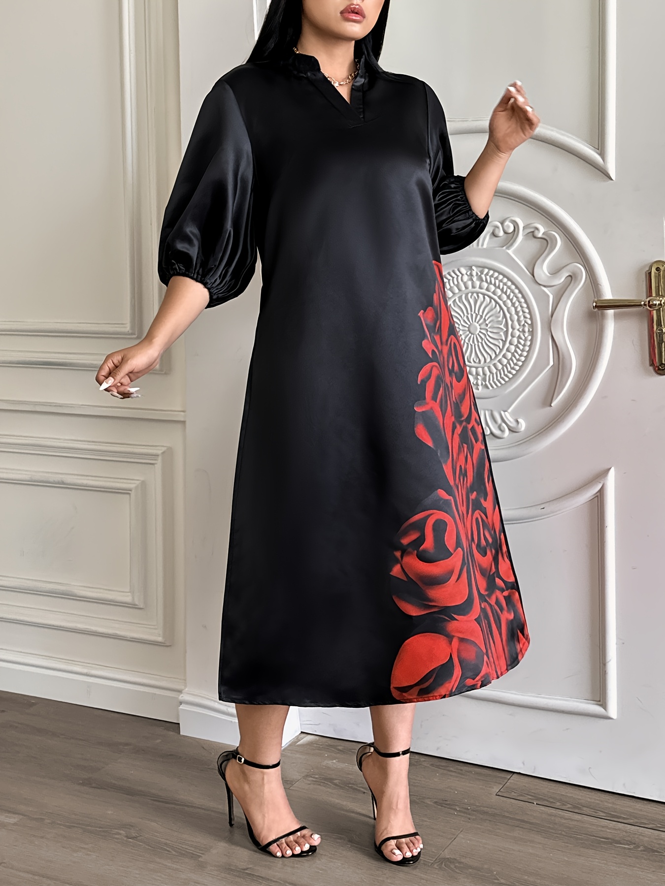womens stylish red v neck dress black floral print - Temu
