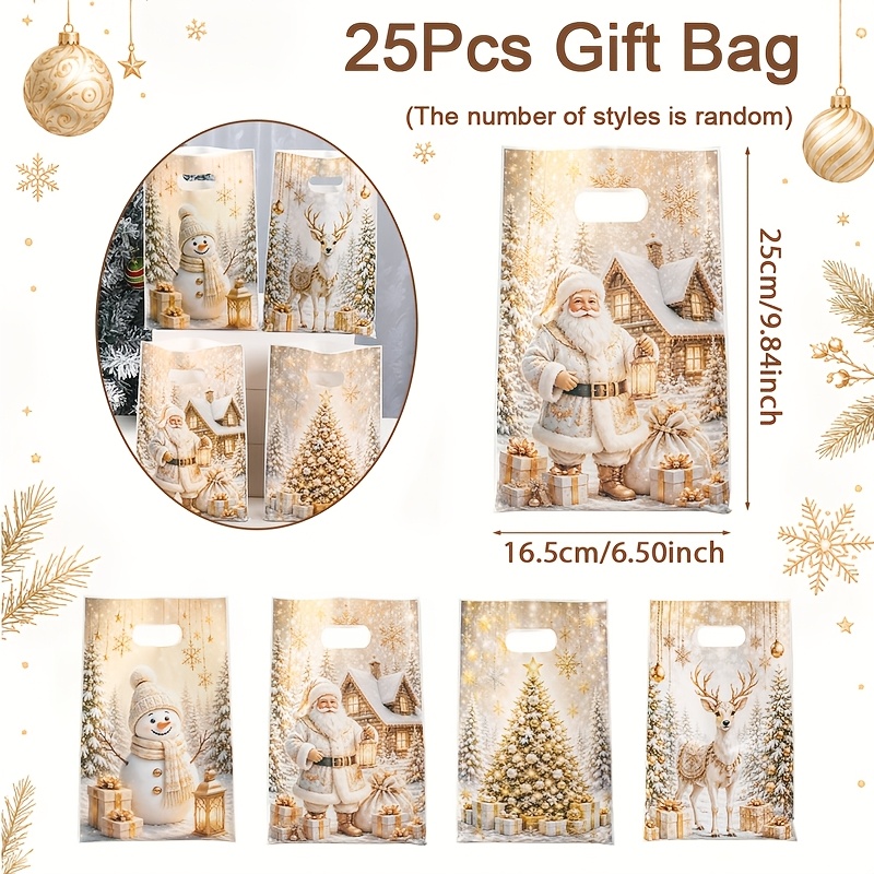 TEMU 10/25/50pcs, 4 Styles Christmas Handled Gift Bags(random Style), Xmas Decor, Snowman Santa Reindeer Handled Tote Bags, Merry Christmas Party