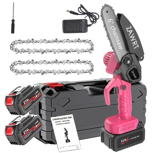 6 inch mini chainsaw with an adjustable chain safety lock splash guard and rechargeable battery chain and storage box suitable for quick trimming of branches in home and garden settings serving as a gift for men