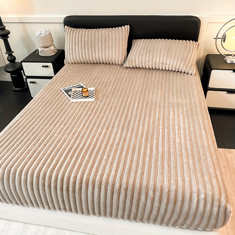 TEMU Solid Colored Thick Milk Velvet Striped Bed Sheet, Autumn And Winter Velvet Mattress Protective Cover, 30.cm/11.8in Deep , Soft And Comfortable,