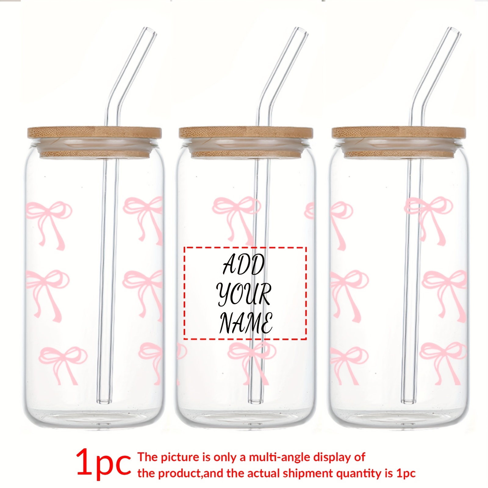 E-shop Ein personalisierter rosa Schleife Glasbecher, mit einem anpassbaren Namen, 16Oz Fassungsvermögen mit einem Bambusdeckel und Strohhalm, für