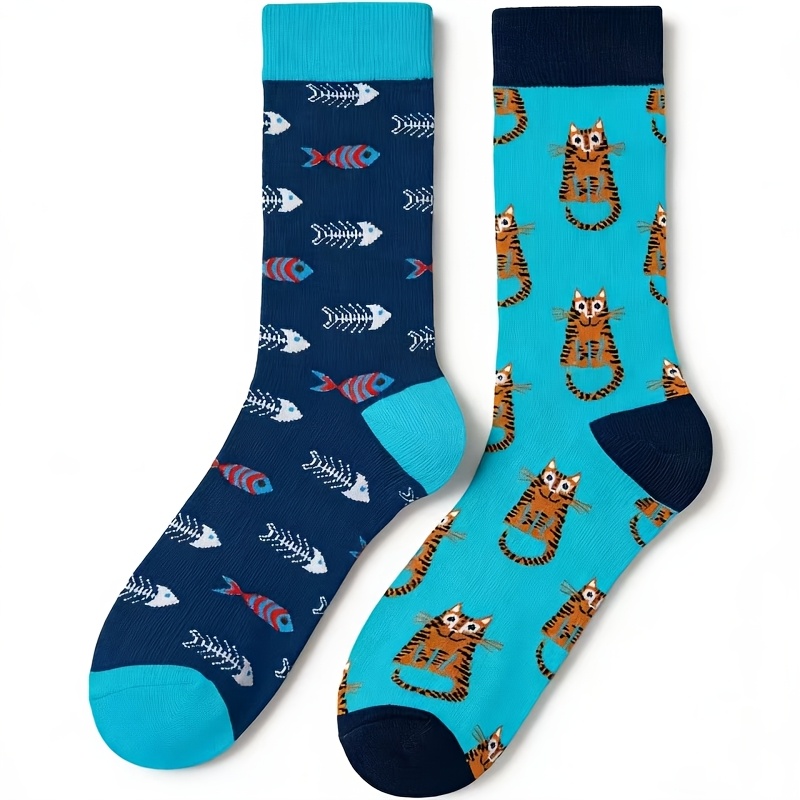 E-shop Ein Paar neuartige Socken für Damen und Herren mit einem kreativen Katzen- und Fischgrätenmuster, stilvolle und vielseitige Stricksocken bis zur