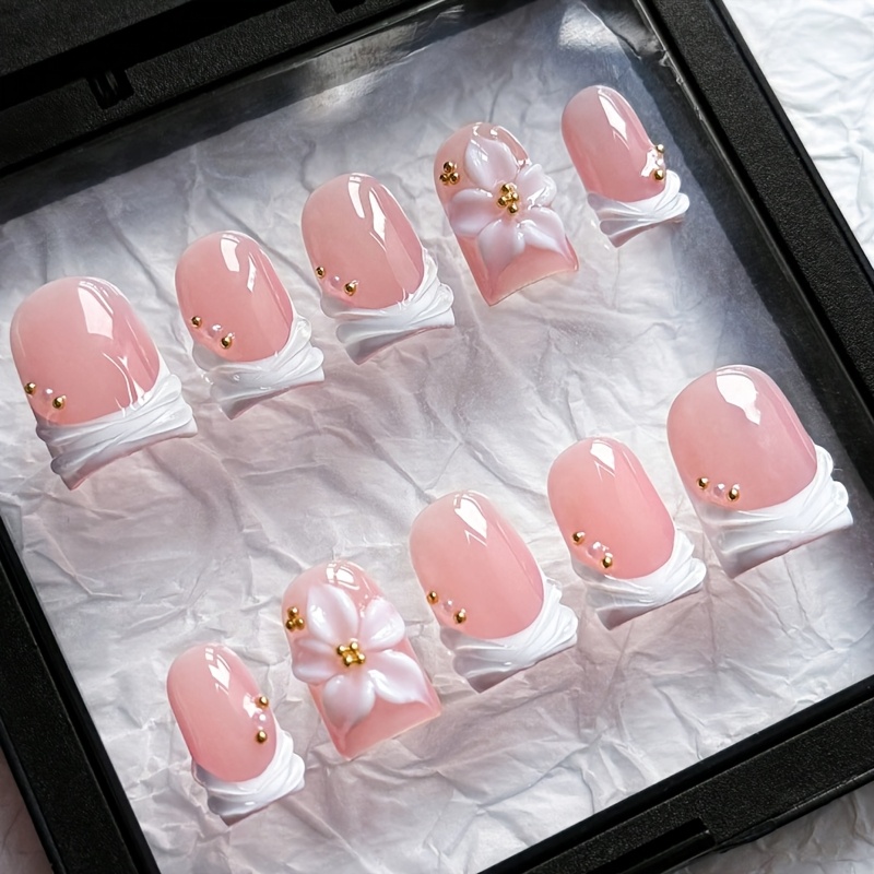 TEMU 10pcs Short Square Press On Nails Suitable For Women - White French Tip With 3d Flower & Golden Studs, Glossy Full Cover Reusable Fake Nails,