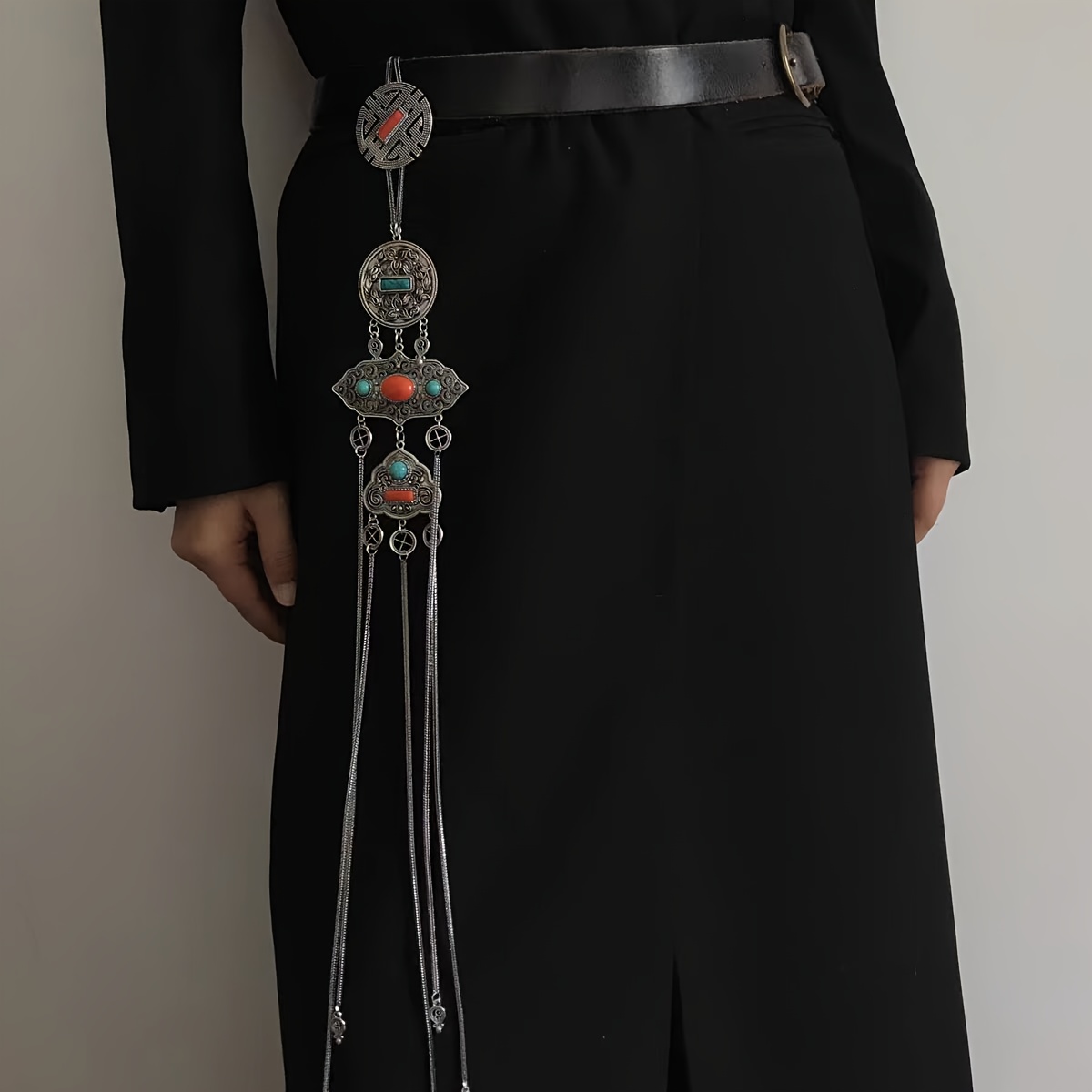 Image of Vintage Mongolian Ethnic Style Waist Chain Pendant Metal Belt Accessory, Versatile New Chinese Costume Belt Charm F91