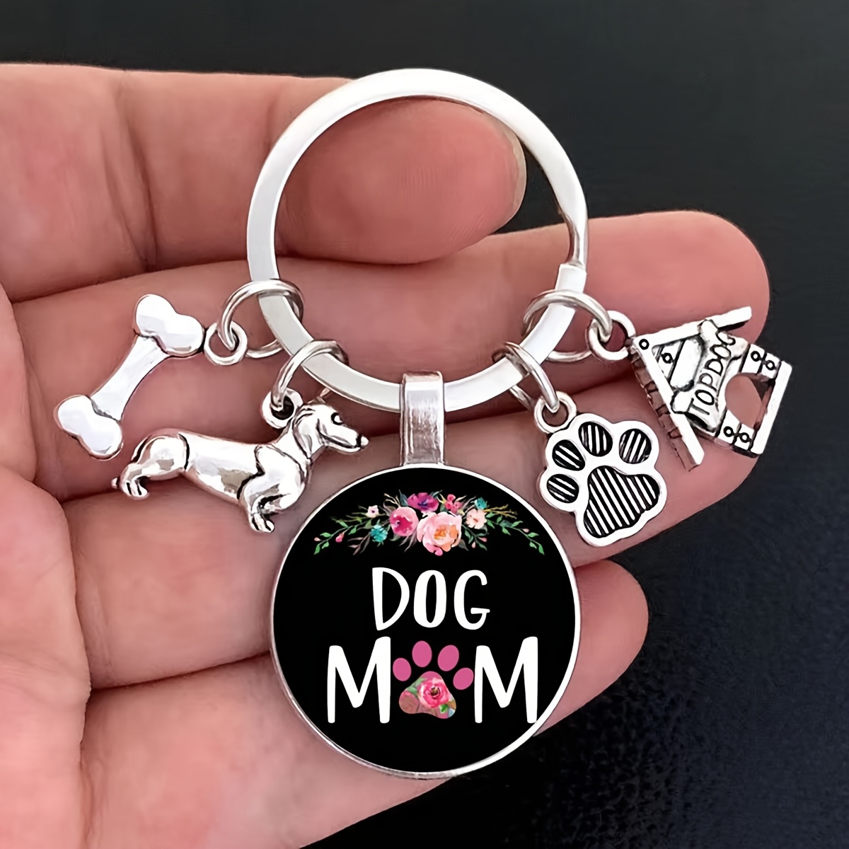 2d Flat, 1pc Dog Time Gemstone Keychain - Black Dachdachen Bone And Paw Print Pendant, Dog House Circular Glass Key Chain - Valentine's Day Gift For Pet Lovers, 2d Flat, Perfect For , 2d Flat