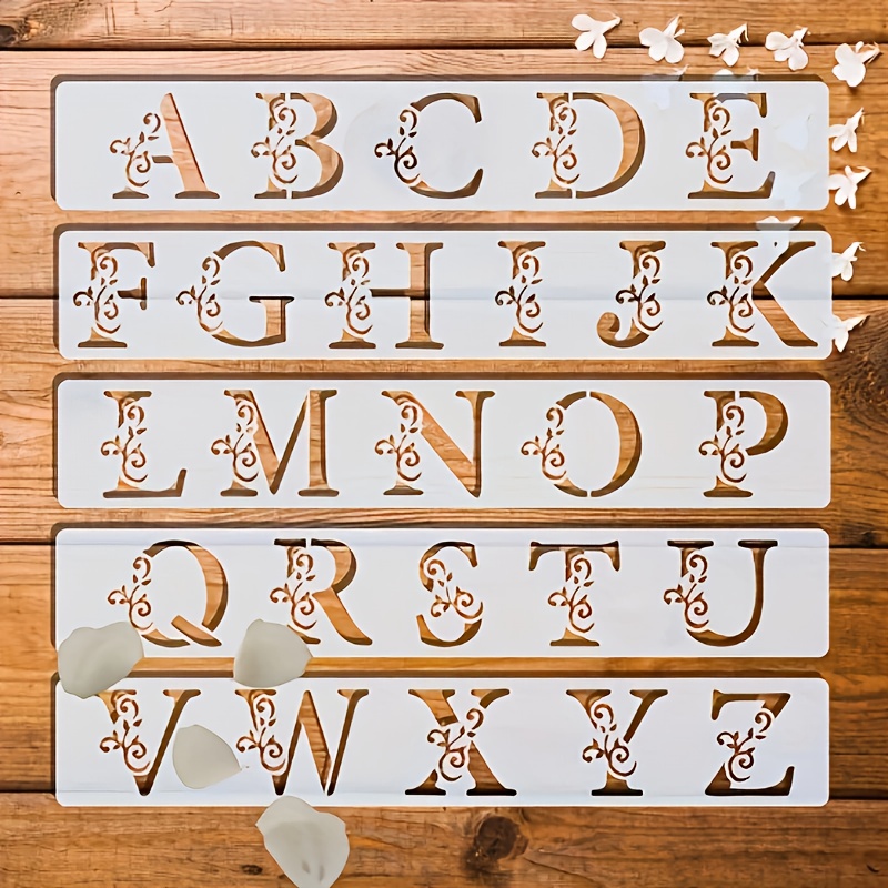 Image of 5pcs Set Of Floral Letter Templates - Reusable 2x12 Inch And Lowercase Painting Templates, Suitable For Fabrics, Scrapbooks, Weddings, Birthday Celebrations