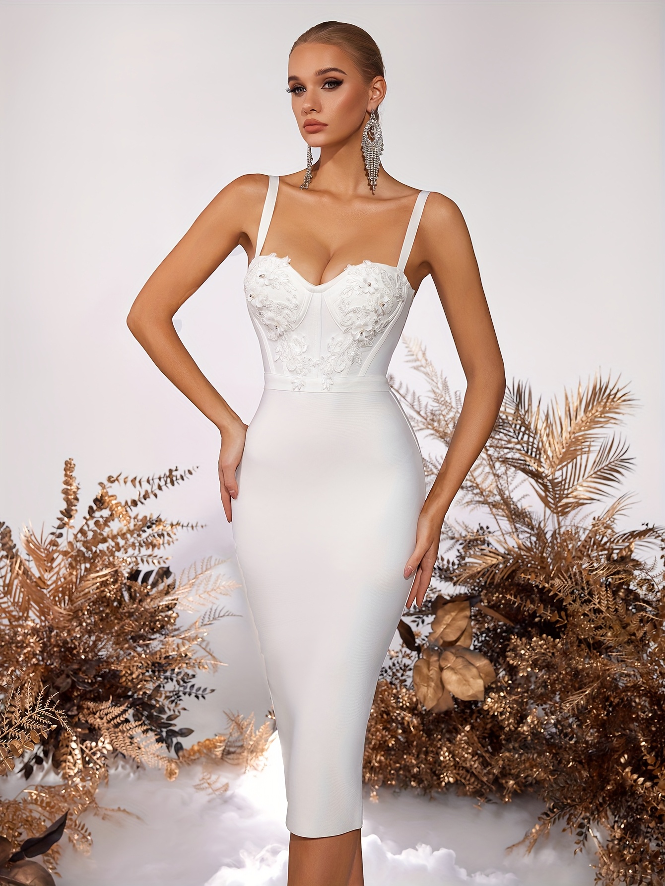 elegant white bodycon midi dress contrast lace trim Temu