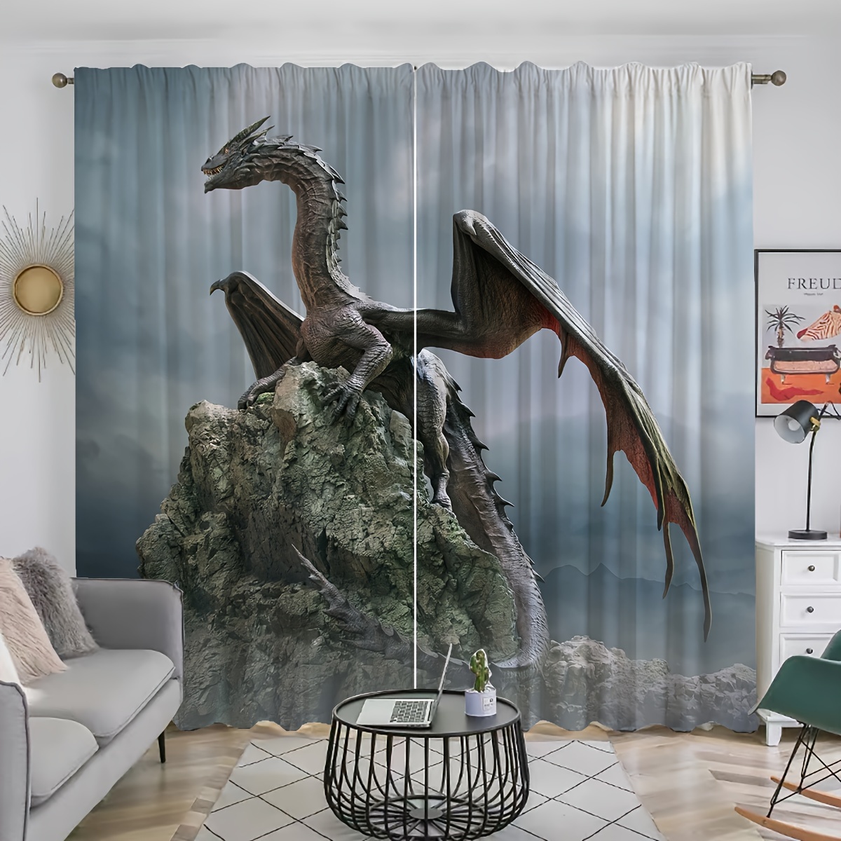 

2pcs, Dragon Curtains Sitting On Rocks, Rod Pocket Curtain, Suitable For Restaurants, Public Places, Living Rooms, Bedrooms, Offices, Study Rooms, Home Decoration