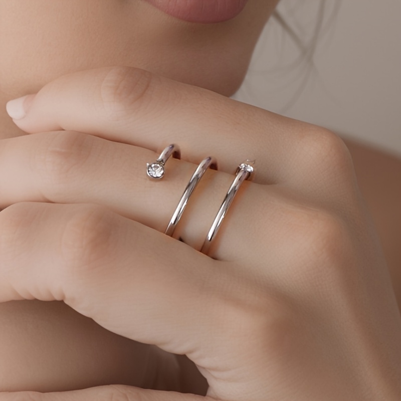 Women's Stainless Steel Coil Spring Ring with Rhinestone Accents