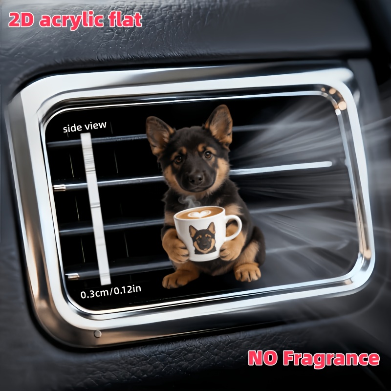 TEMU 2d Flat, 1pc Cute Shepherd Dog Holding Coffee Pattern Car Vent Clip Decoration, "fragrance-free," With Dual Odorless Sponge Pads, Allows You To
