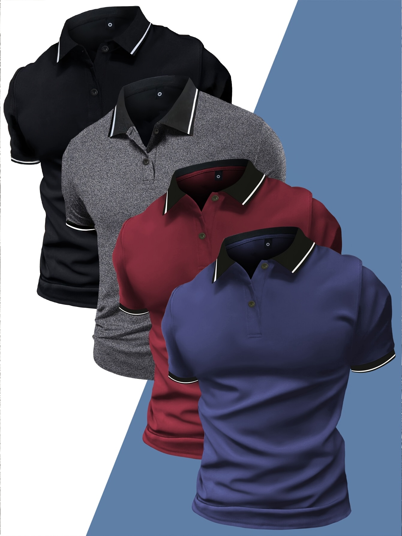 4pcs Men's Summer Shirts - Casual Short Sleeve, Solid Color with Contrast Trim, Lightweight Polyester Blend, Ideal for Sports & Leisure, Shirts for Summer