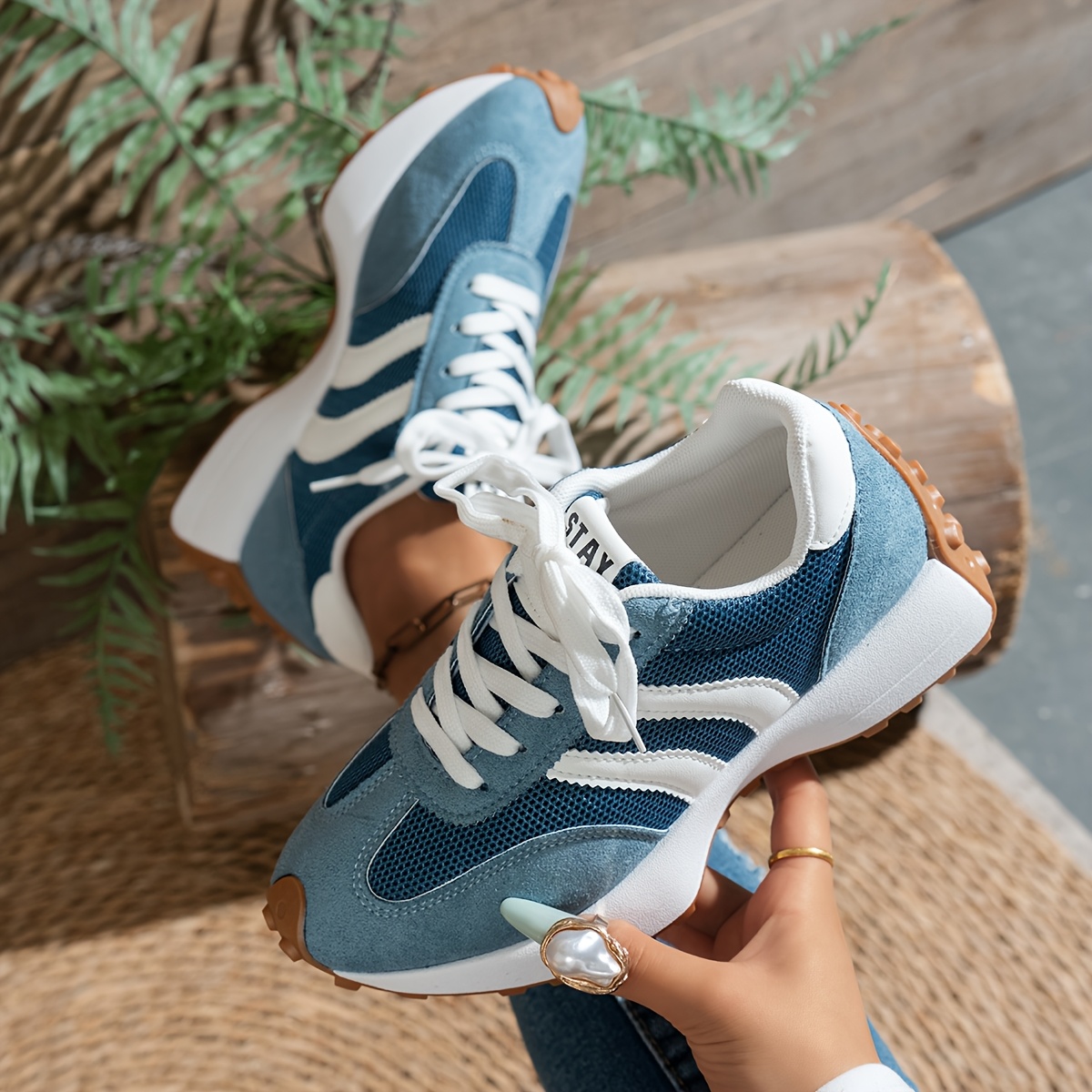 TEMU Women's Blue Mesh Shoes, Breathable Thick-soled Casual Sports Shoes, Versatile German-style Sneakers For Spring And Summer, Women Shoes