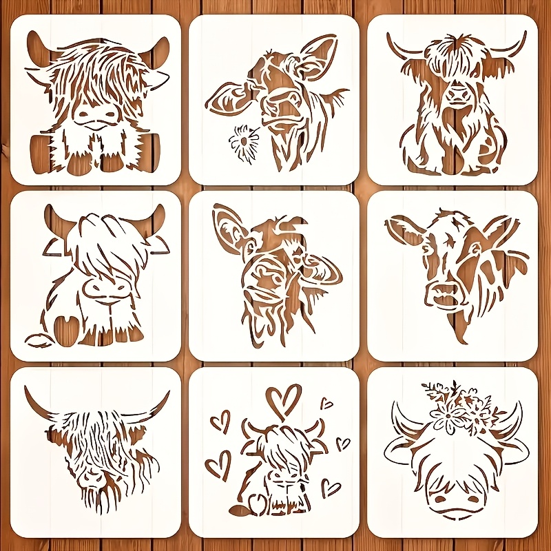 TEMU 9pcs High-end Cow Template Set - Reusable Plastic Art Stencils, Longhorn, Floral, And Heart Designs, For Wall Decor, Journal, Scrapbooking,