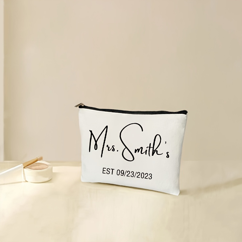 

Personalized Mrs. Last Name Wedding Tote With Estimated Year - Customized Makeup Bag For Bridesmaid, Bridal Shower, Honeymoon, Or Anniversary Gift