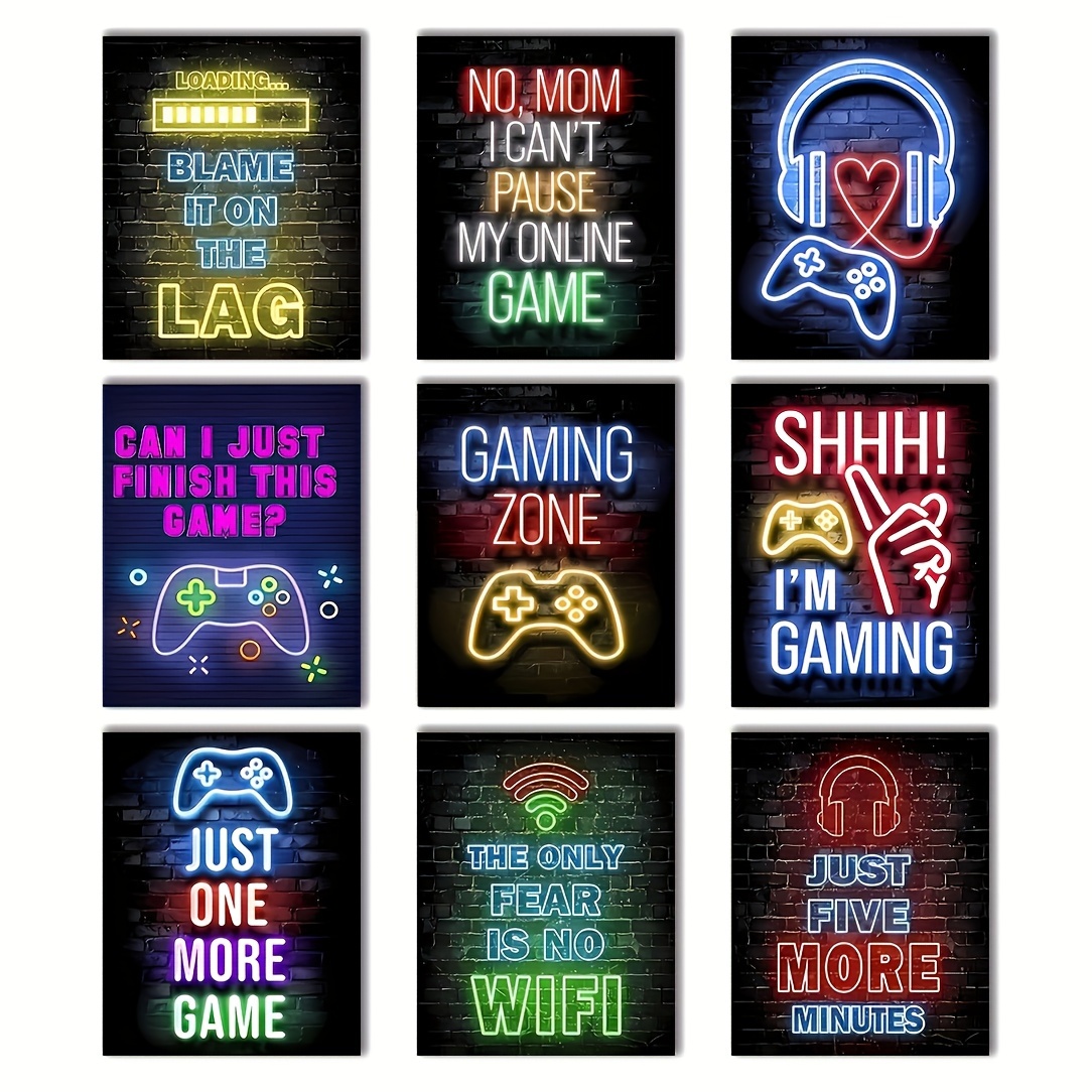 

9pcs Neon Gamer Quotes Posters Prints, Gaming Room Decor Wall Art, Modern Neon Gaming Decor For Living Room, Bedroom, Office, Bar Game Room Decor, , 8 X 10 Inch