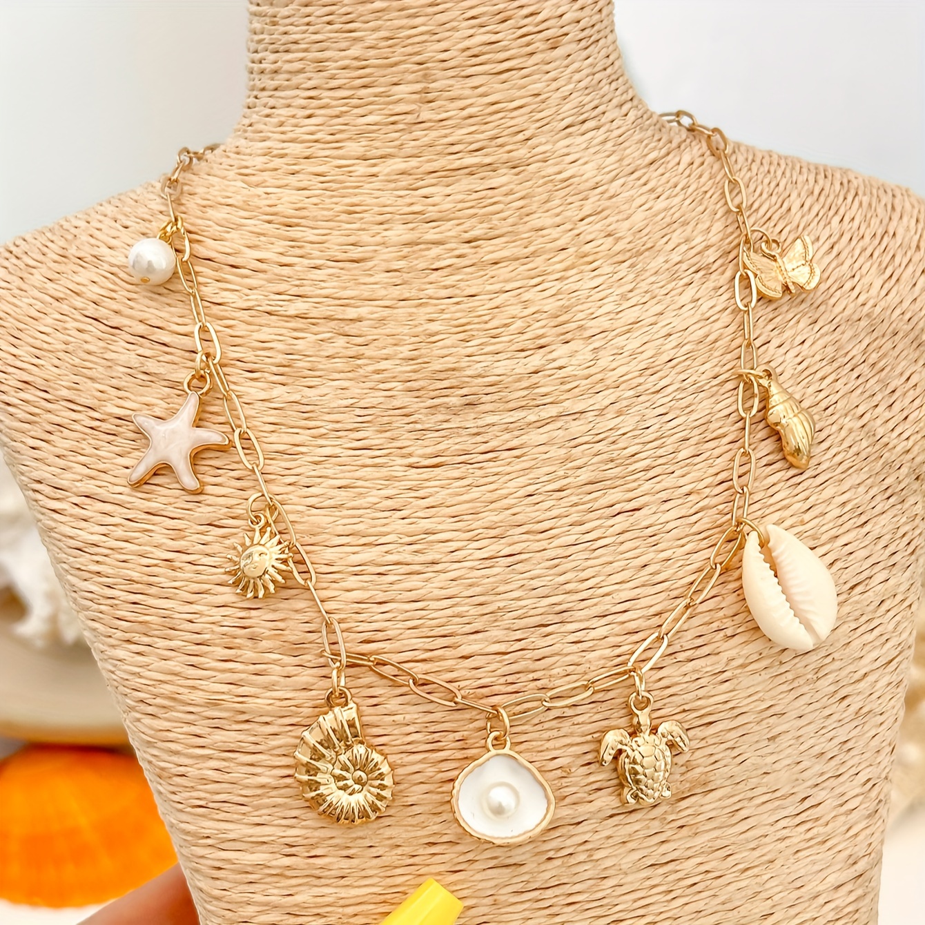 TEMU 1pc Alloy Pendant Iron Chain Shell Artificial Shell Pearl Necklace 1pc Bohemian Style Beach Vacation Artificial Starfish Conch Artificial Shell Pearl Sun Pendant Necklace 1pc