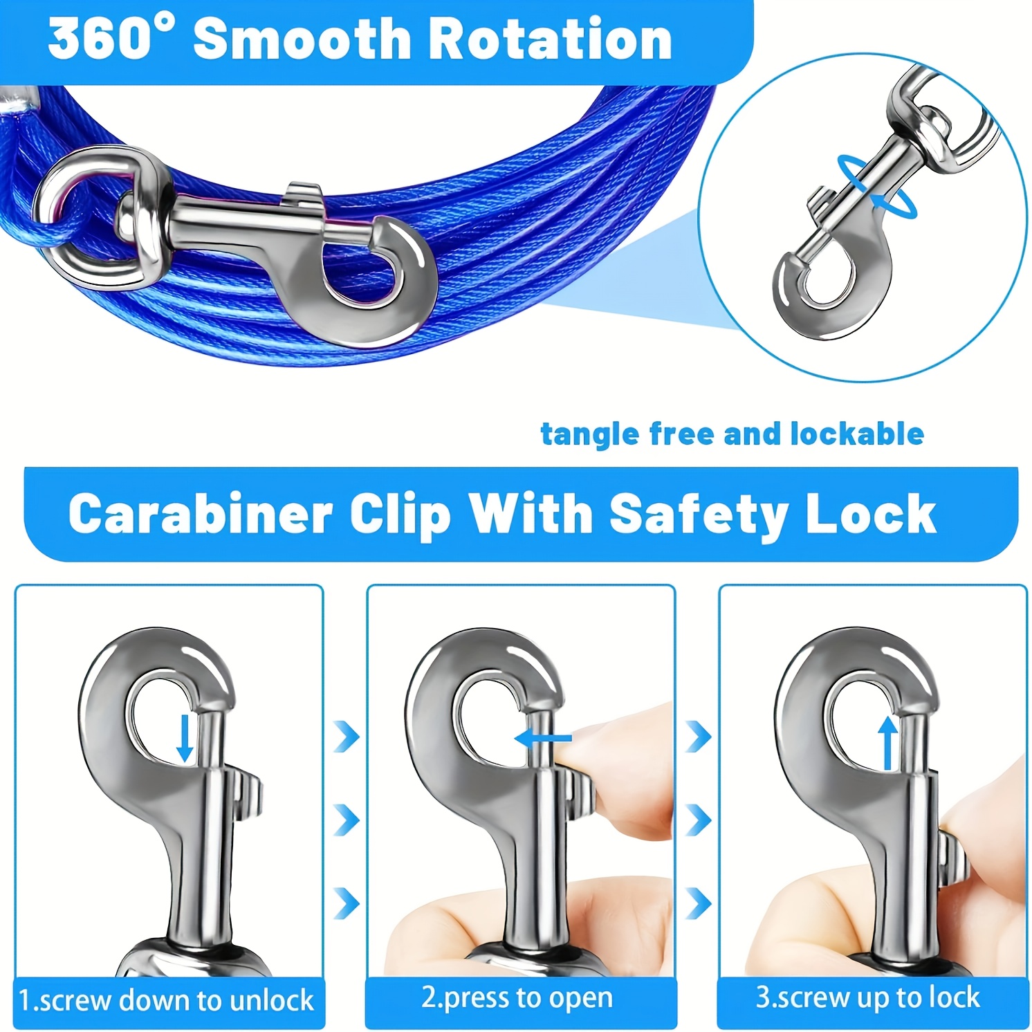 Dog Tie Out Cable with Durable Clips, 3.05/4.57/6.1/9.14 Meter Options