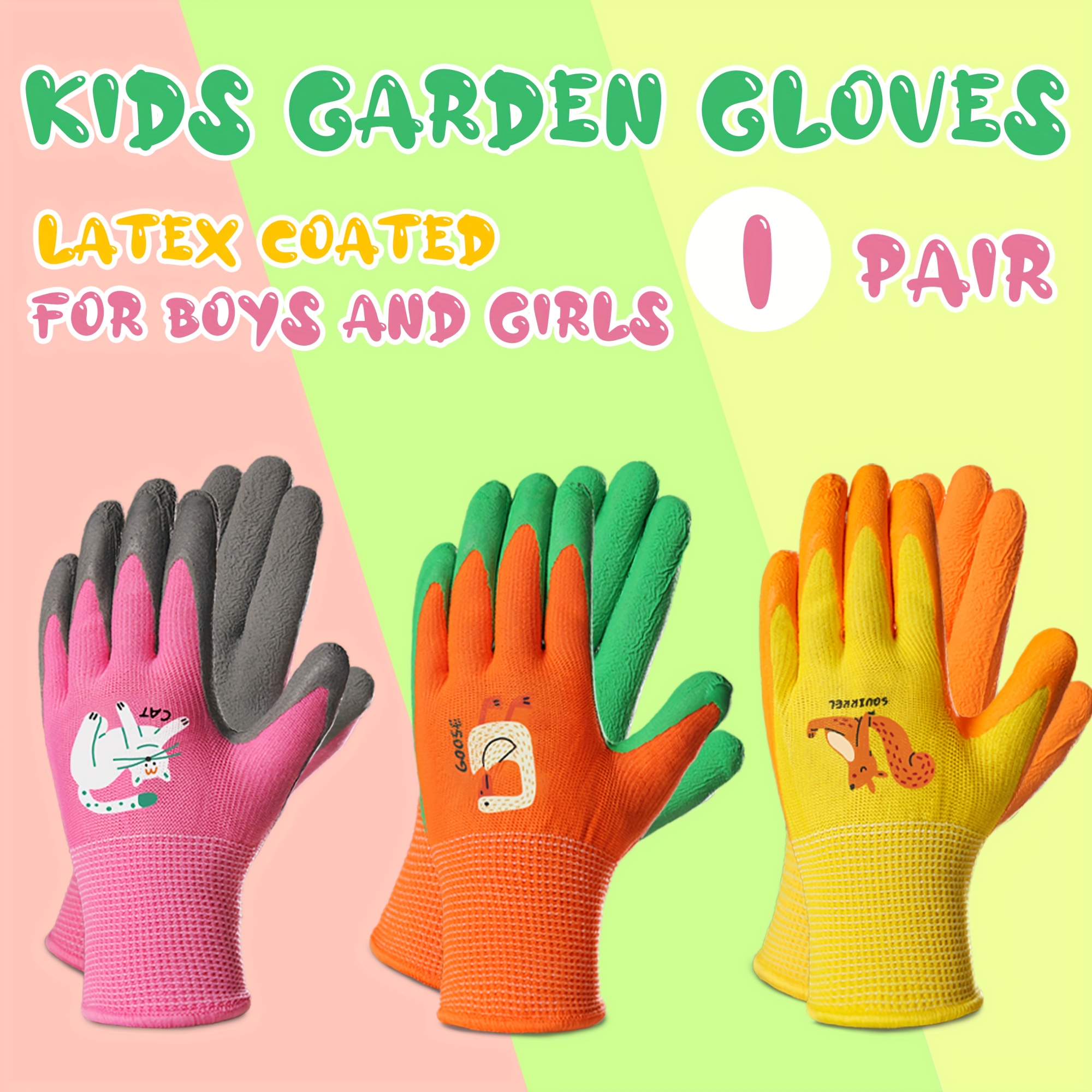 1 paar gartenhandschuhe für kinder, lustiges tiermuster, atmungsaktiv und strapazierfähig, rutschfester griff,   für outdoor-spiele, pflanzen und gartenarbeit für jungen und mädchen
