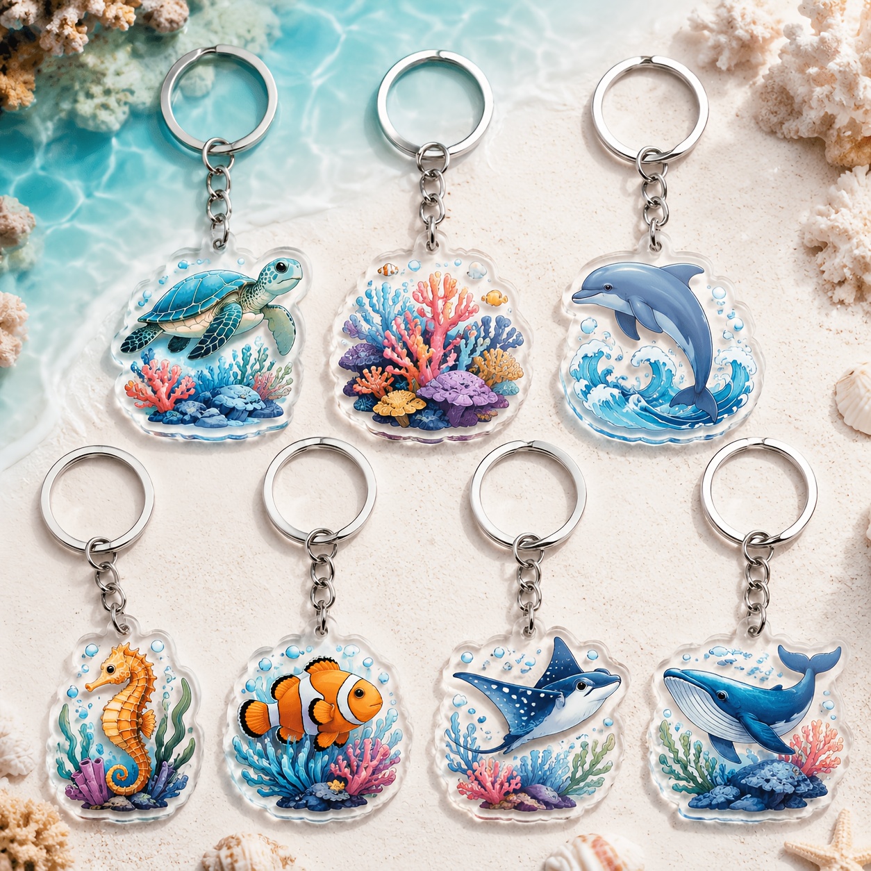 TEMU 2d Flat, 2d Flat - [2d Flat] 7pcs Set Of Cute And Vibrant Ocean-themed Marine Animals And Acrylic Keychains, Bag And Car Key Accessories, Gift,
