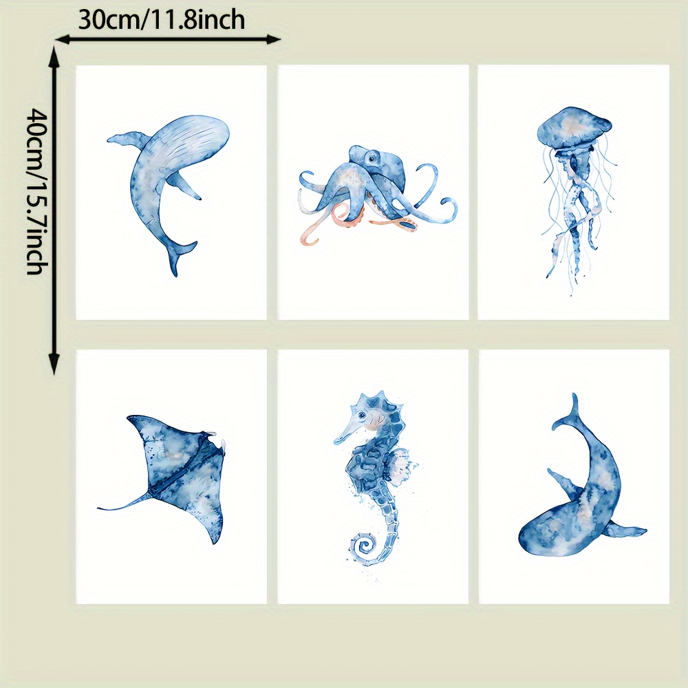 TEMU 6pcs Set, Ocean Animal Canvas Prints, Cartoon Themed Wall Art, Frameless Home Decor, For Living Room, Bedroom, Dining, Bathroom, Gift Idea