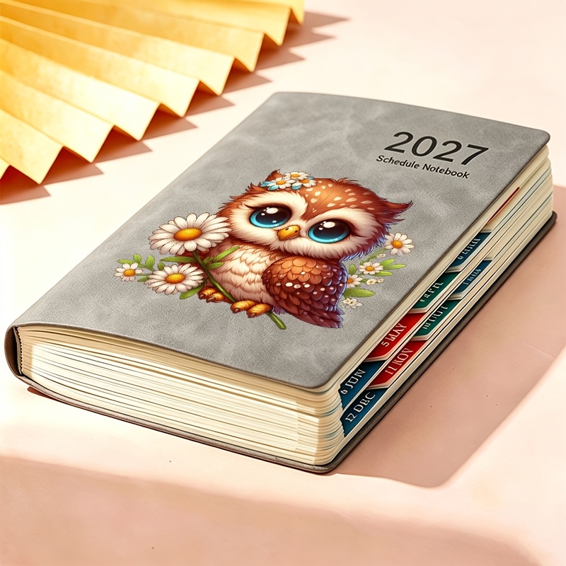 TEMU . 2027 Terminplaner-Notizbuch, Tagesplaner, praktisches Notizbuch mit niedlicher Eule Gänseblümchen bedruckt, tragbarer mehrseitiger Notizblock