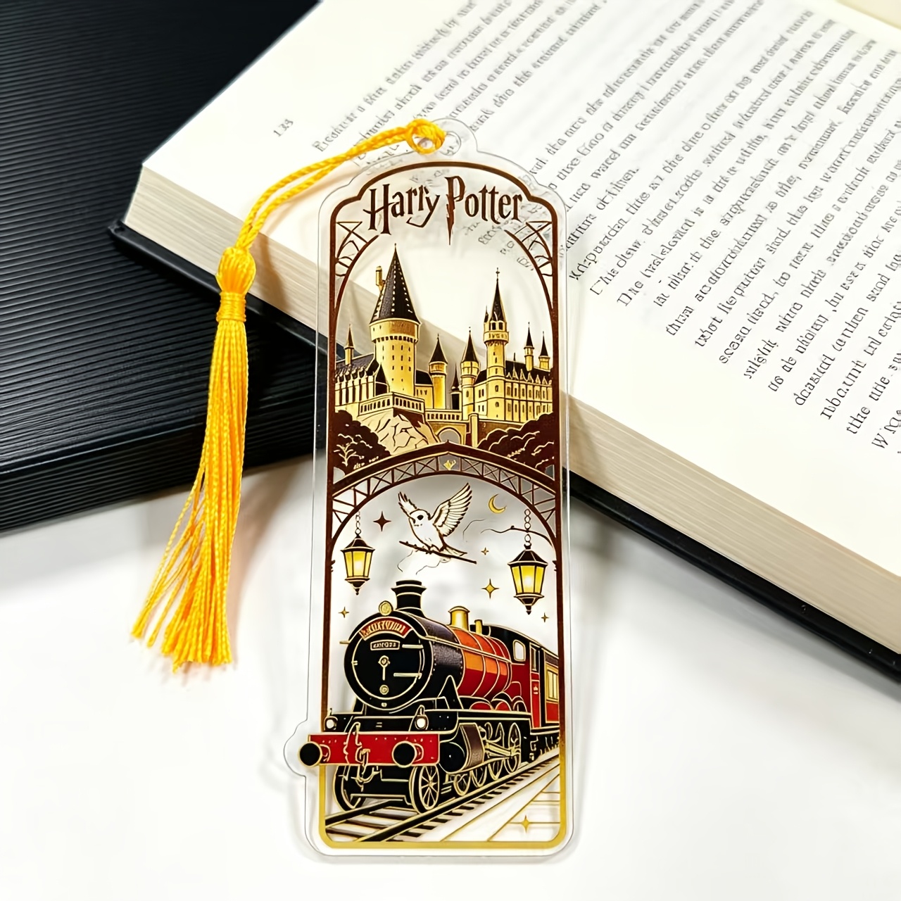 Image of [officially Licensed] Harry Potter Series Hogwarts Castle Acrylic Tassel Bookmark Vintage Book Page Clip With And Hedwig Owl Aesthetic Stationery Practical Gift For Holidays