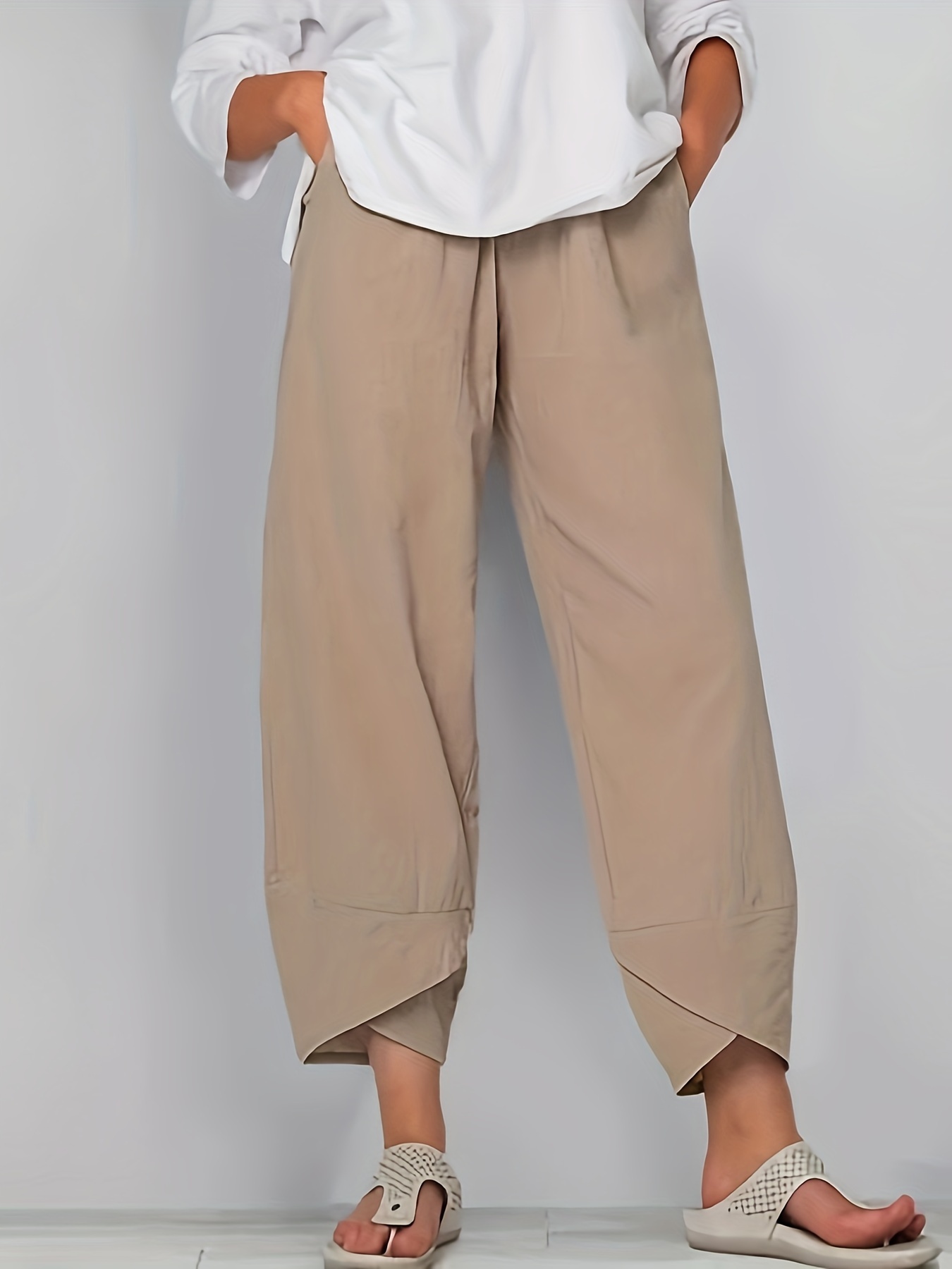 Capri Pants For Women Loose Fit Wide Leg 3/4 Length Summer Casual Trouser  Cropped Straight Elasticated Waist Walking Trousers With Pocket Solid Casual