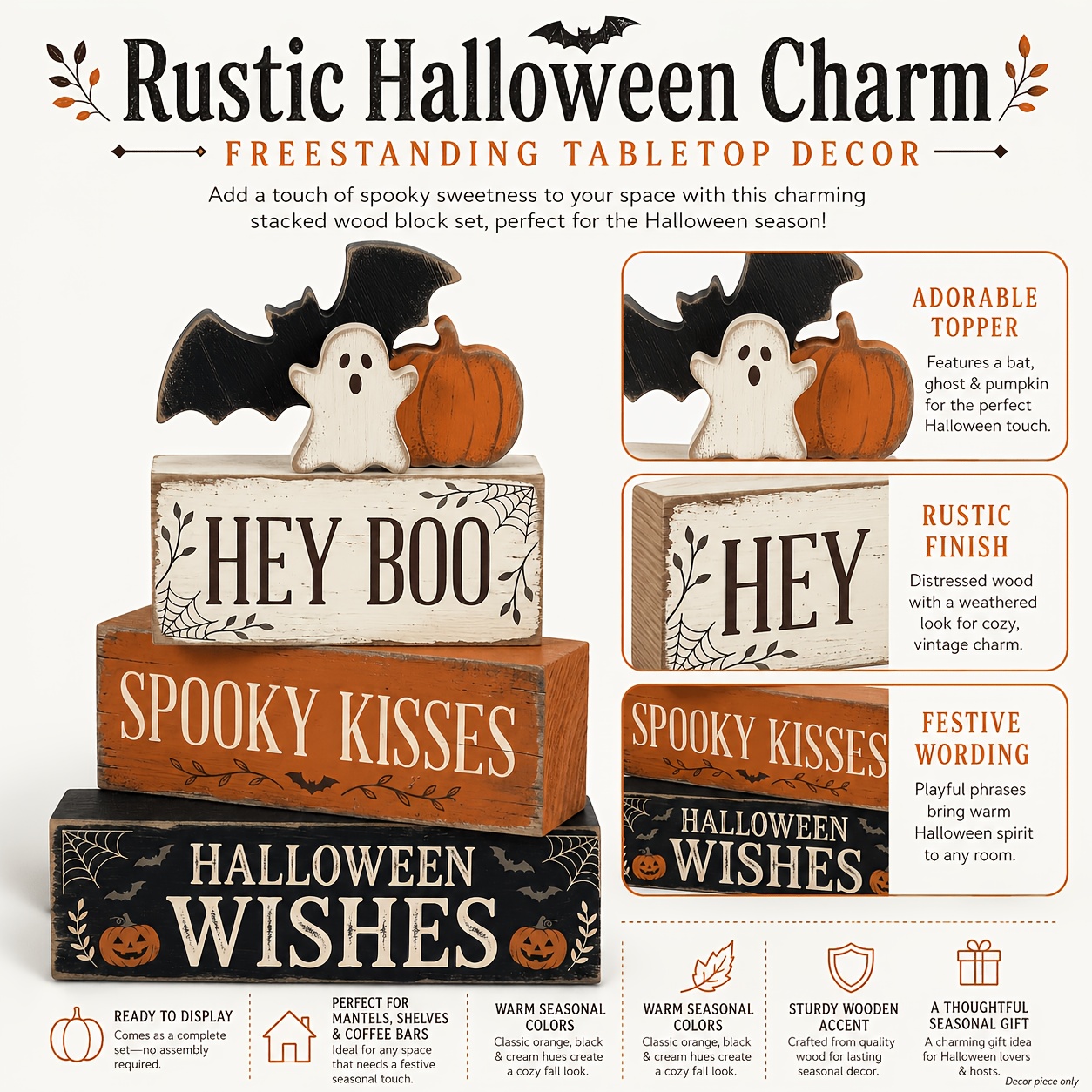 TEMU 4er-Set Halloween-Holzblock-Ornamente im Landhausstil, stapelbar, bedruckt mit verspielten Geisterbotschaften und Halloween-Atmosphären-Slogans,