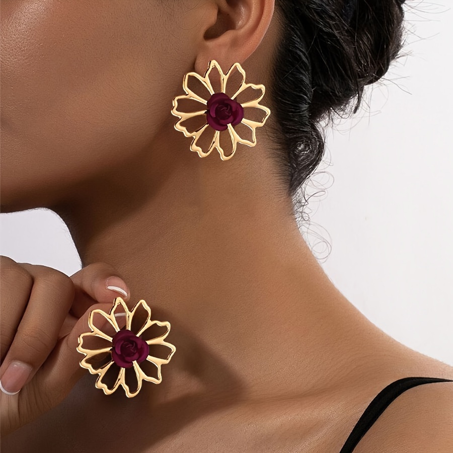 TEMU Paire de boucles d'oreilles cloutées à fleurs géométriques ajourées, élégantes et tendance, bijoux d'oreille polyvalents pour femmes, parfaits