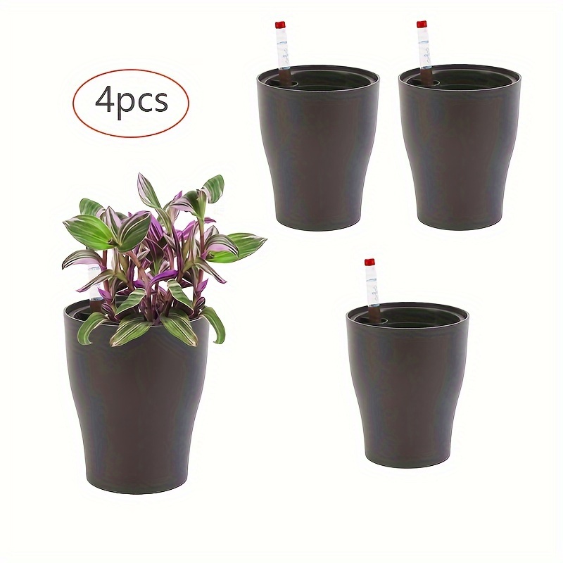 Image of 4pcs Self-watering Planters With Level Indicator, 4.72" Brown Plastic Pots For Indoor & Outdoor Use - Ideal For Herbs, Aloe, And Garden Plants, Planter Pots
