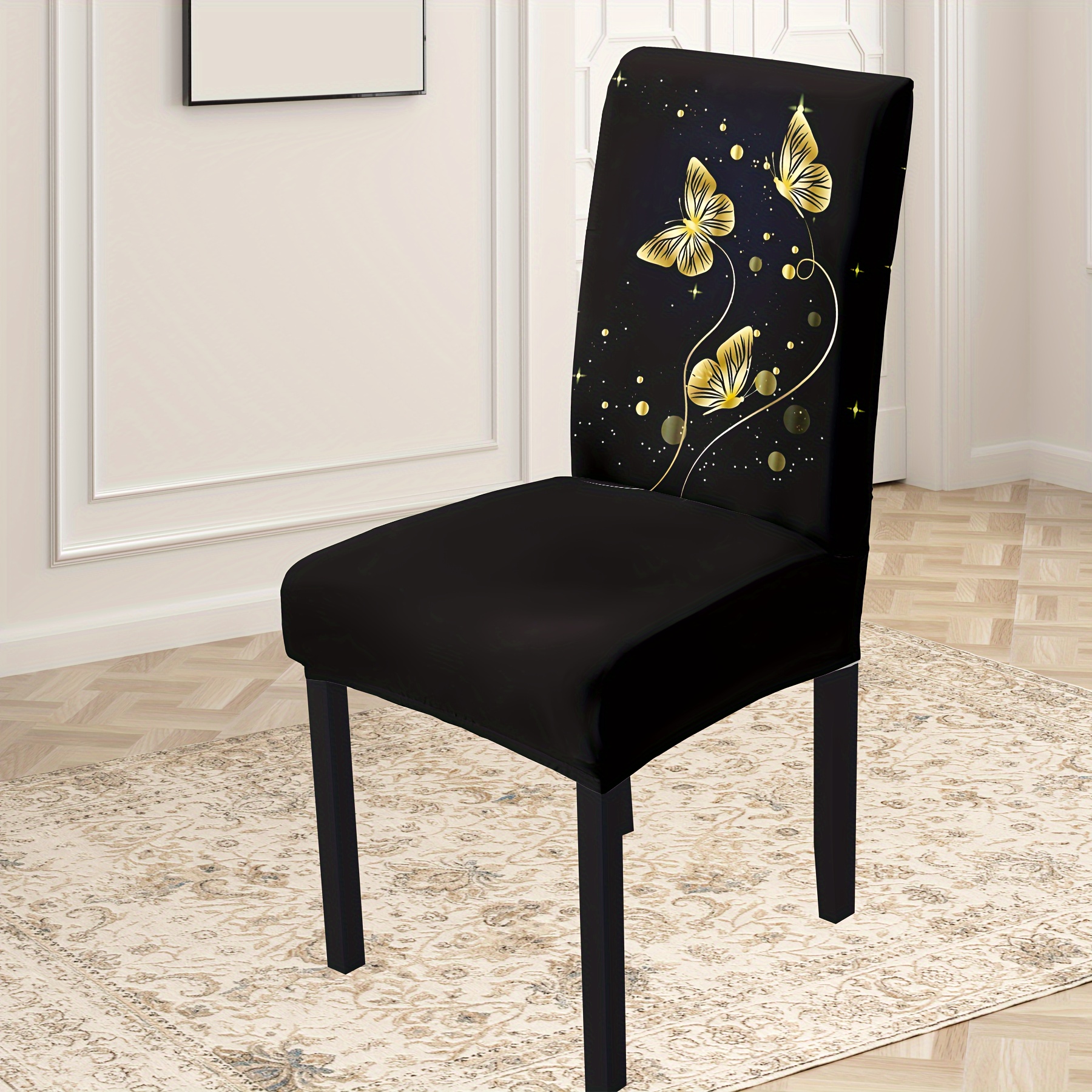 

Open; 4pcs/6pcs Golden Flying Print Decorative Chair Cover, Fiber Fabric Fabric, Suitable For Home Decoration; Beautiful Dustproof And Dirt Resistant, Used Repeatedly