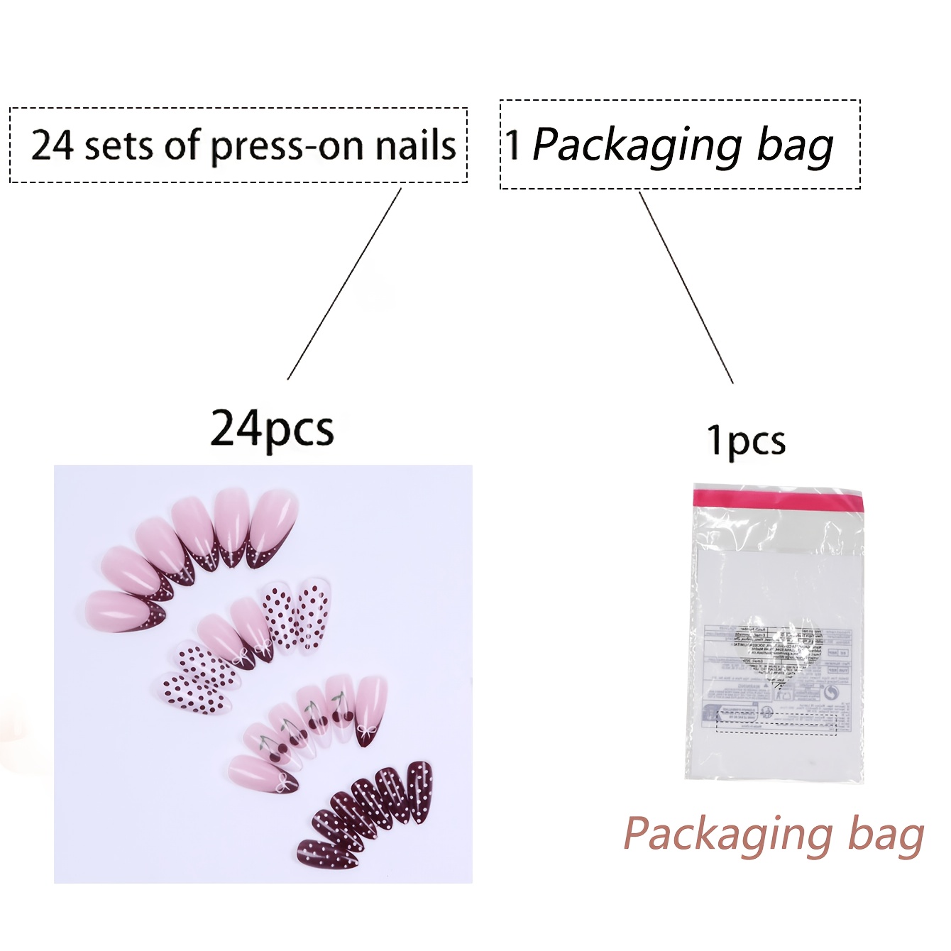 Image of 25pcs(24 Wearable Armor+1packaging Bag) Of Shaped Fake Nails, New Cherry Polka Dot Bow Style Wearable Nails, Sweet Retro Style