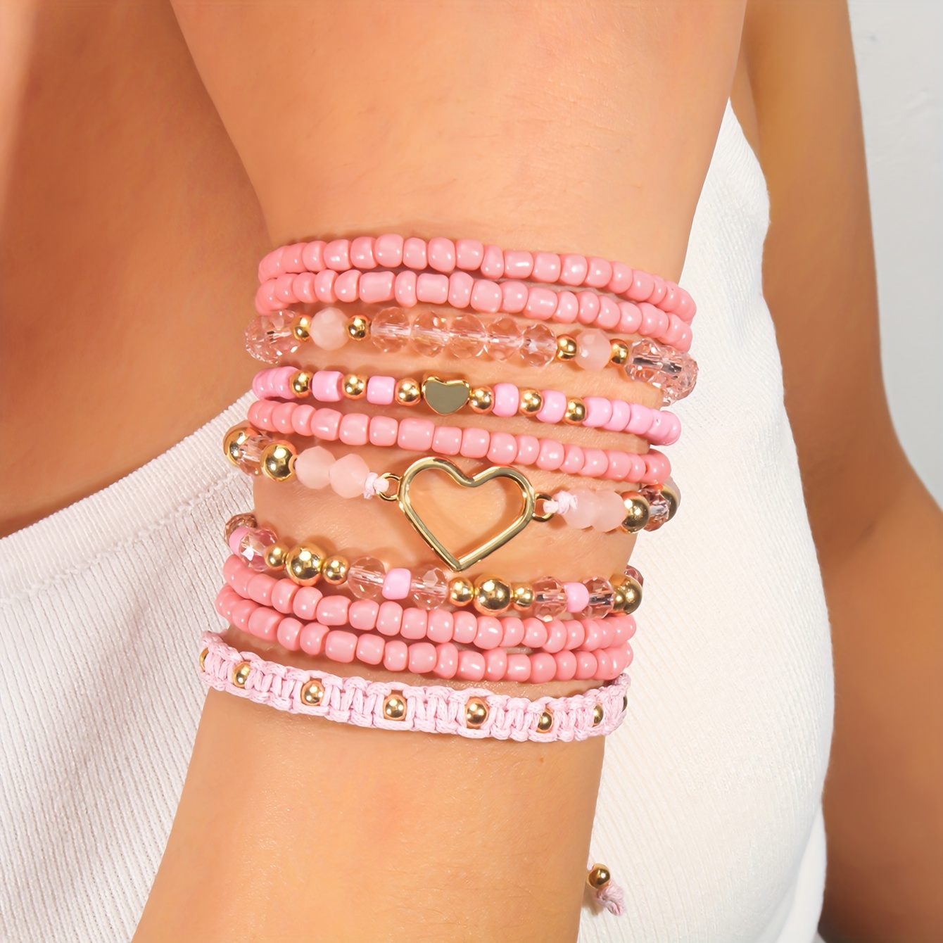 10pcs Y2K Style Pink Stackable Bracelets Set
