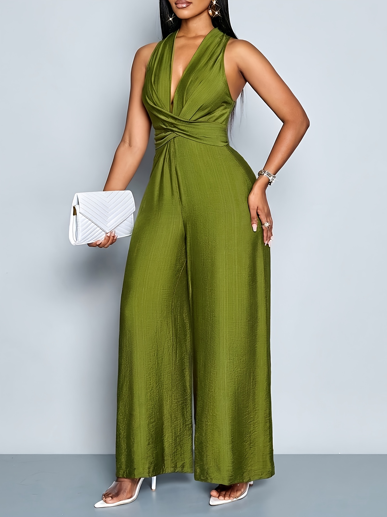 Women's Elegant Solid Color V-Neck Sleeveless Jumpsuit with Twisted Cinched Waist & Bow - Wide Leg H-Line Suit Pantsuit for, Commuting, Weddings - Machine Washable Spring/Autumn Attire (No)