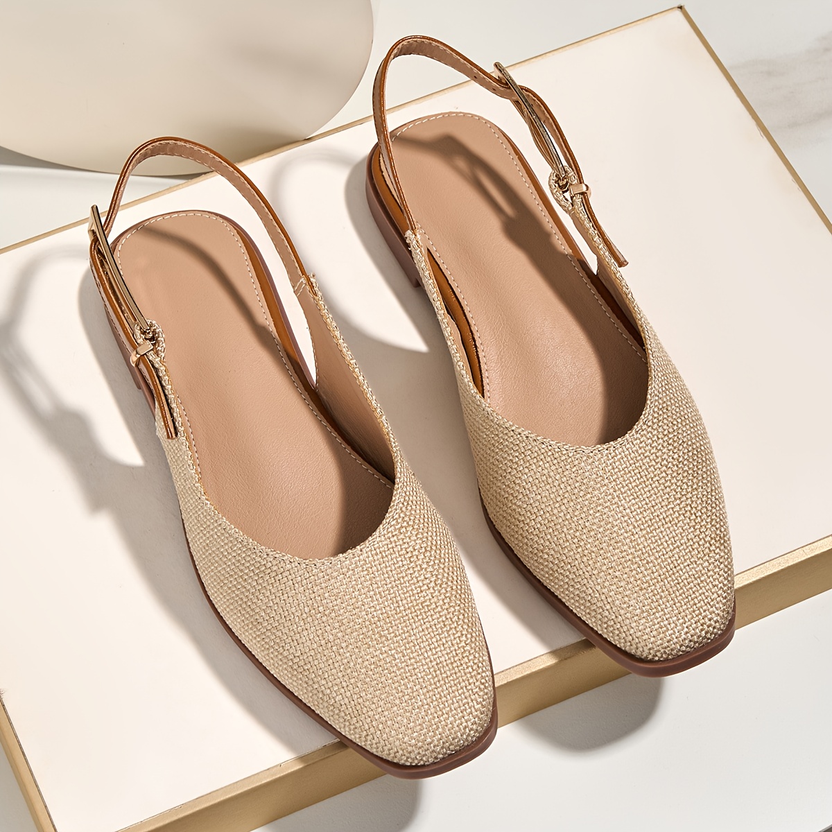 womens elegant beige linen moccasin   toe sandals with   closure breathable pu cover lining arch support beige tpu sole casual to formal shoes for summer office semi formal events comfortable durable everyday dress shoes light beige woven upper with back strap metal   soft pu insole tpu outsole for all day wear low heel sandals for women comfortable womens sandals elegant sandals for women elegant classy shoes for women plus size Product details 4