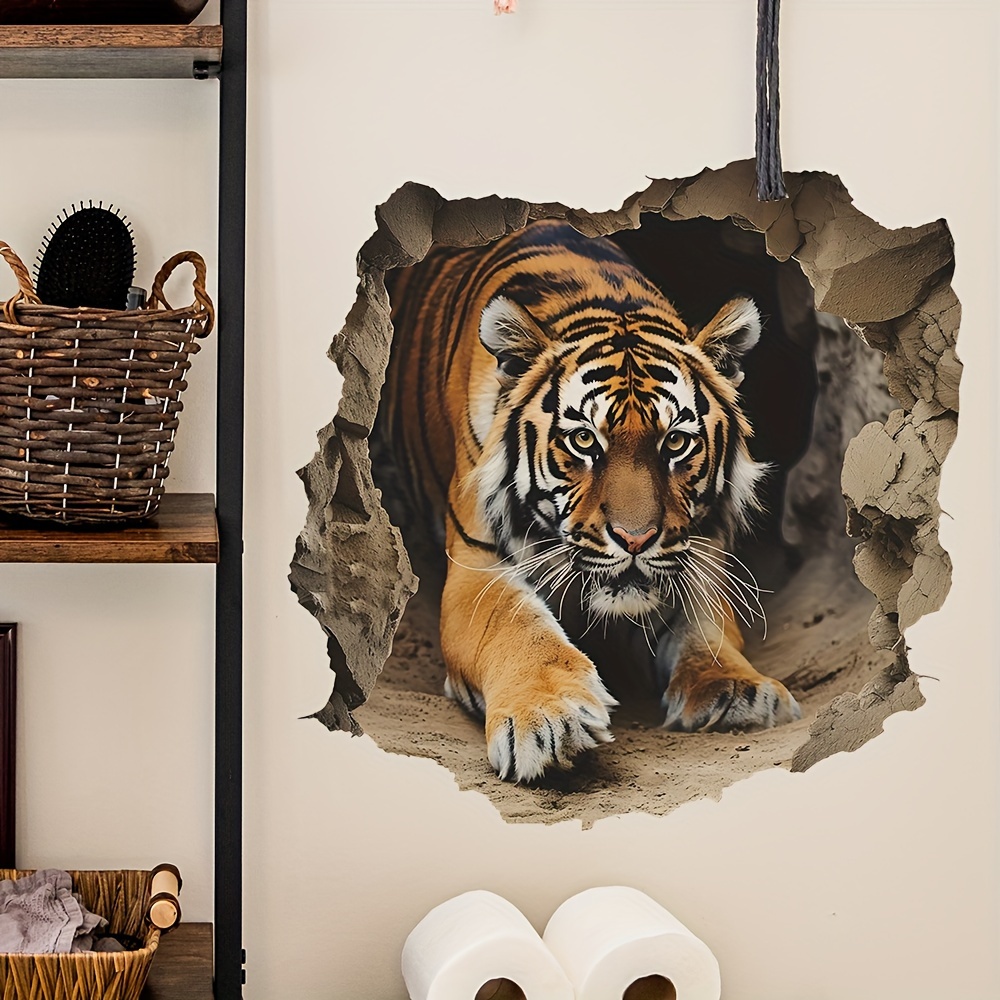 

Fierce Tiger Breaking Through Wall 3d Animal Print Self-adhesive Pvc Wall Sticker, Modern Home Decor For Bedroom & Living Room, Reusable Irregular Shape, Easy Install - 1pc