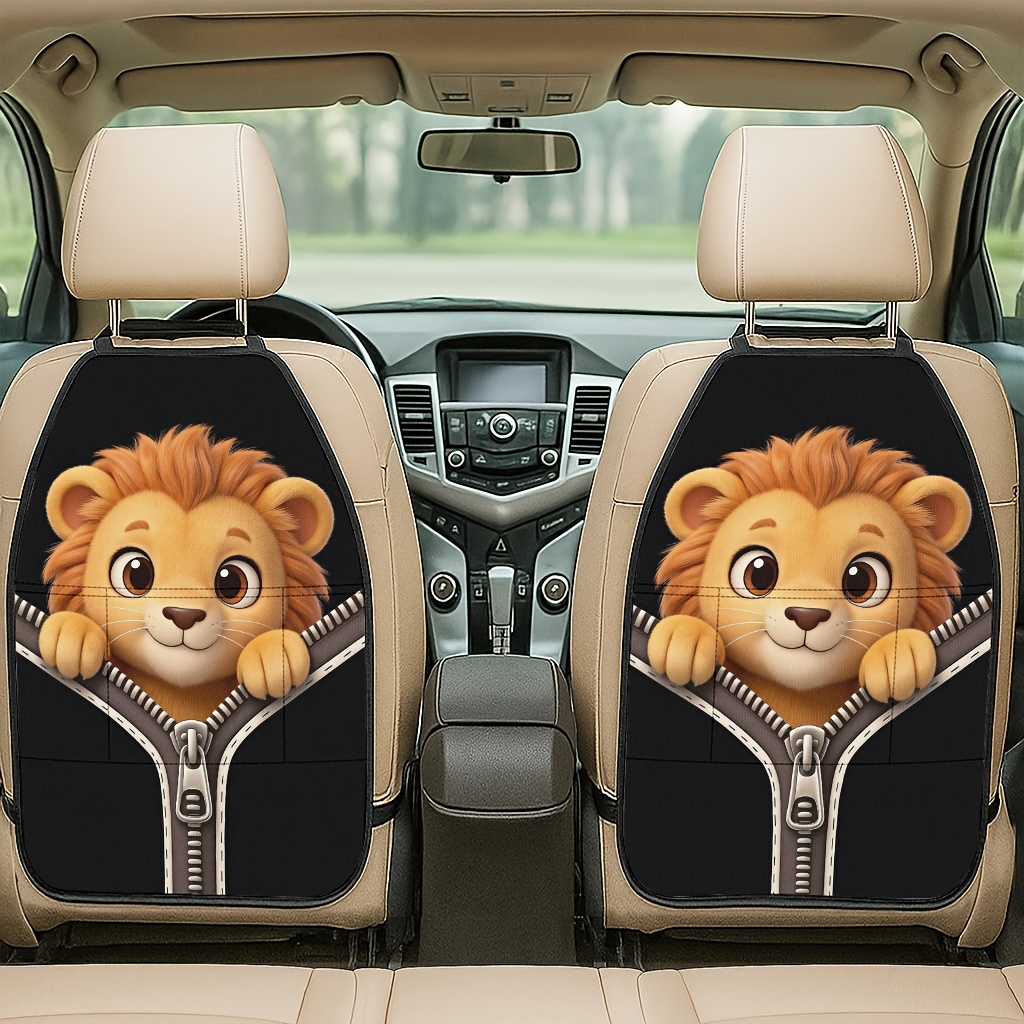 TEMU 2pcs 2d Printed Car Seat Back Protector With Cartoon Lion Peeking Out From Zipper Design - Kick-proof Mat, , Includes Storage Bag, Fits Most