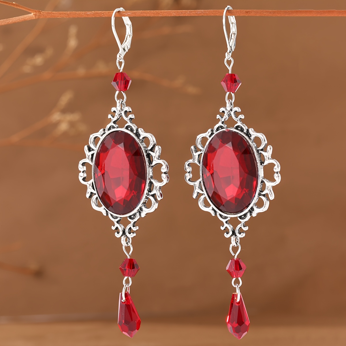 TEMU Vintage Court-style Reddish Synthetic Synthetic Zirconia Long Distressed Carved Tassel Women's Earrings, Suitable For Evening Gowns And Photo