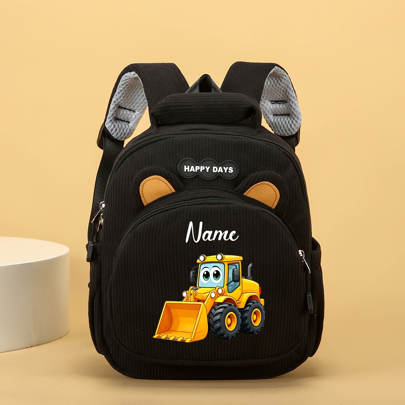 TEMU Customized Personalized Name Cartoon Backpack, Fashionable Trendy Cartoon Themed Backpack, Engineering Vehicle Series Printed Backpack, Yellow
