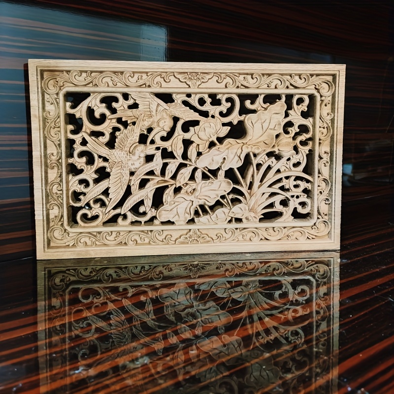 1pc vintage wooden birds and flowers carved wall   hollow camphorwood decorative panel lotus and vine design elegant wooden wall decor for doors and walls 0