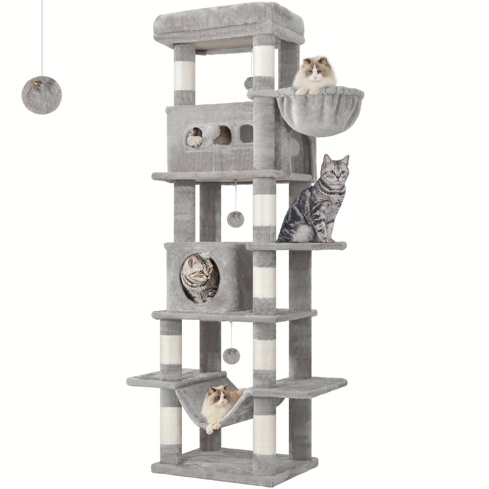 Cat Tree For Indoor Cats, 170cm Large Tall Cat Tower, Multi-level Cats House With Condo, 8 Scratching Posts, Hammock, 4 Pom Poms, Light Grey/dark Grey