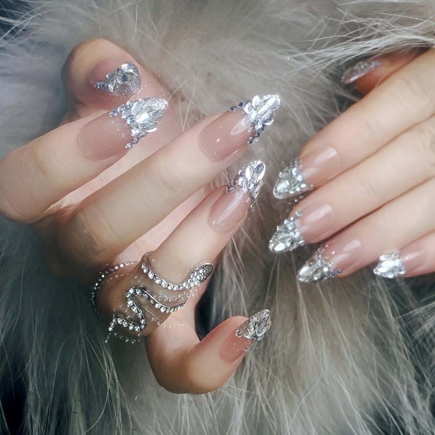 E-shop (3D Handgemachte Nagelkunst) 24 Stück Neue Lange Tränenförmige Press-On-Nägel. Luxuriöses Funkelndes Strass-Design, Exquisit Elegant, Weiche