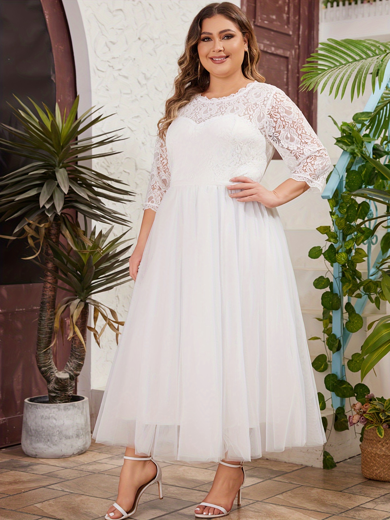 Lace Frill Bridesmaid Dresses Three Quarter Sleeve Plus Size